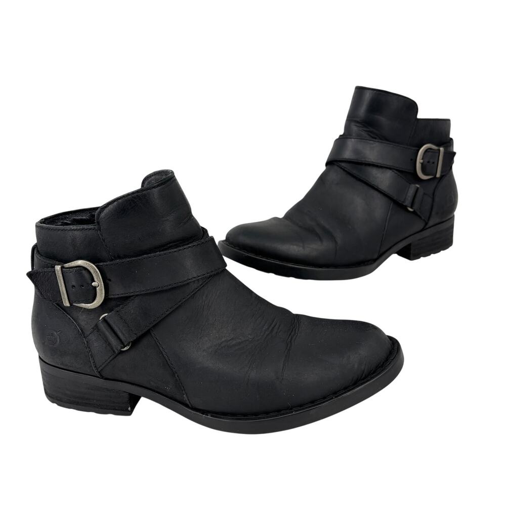 Born Chaval Ankle Bootie Size 7 Black Leather Side Zip Buckle Strap Detail